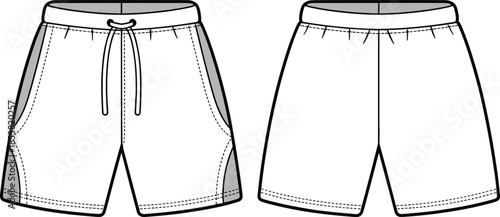 Flat vector athletic shorts technical drawing, front and back view, detailed CAD illustration for sportswear apparel design production specification sheet