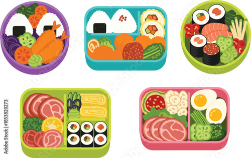 Vector set of Japanese bento boxes featuring onigiri rice balls, sushi rolls, tempura shrimp, tamagoyaki omelets, and healthy vegetable sides.