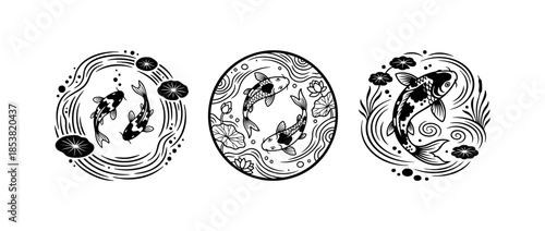 Black and White Koi Fish Japanese Pond Art