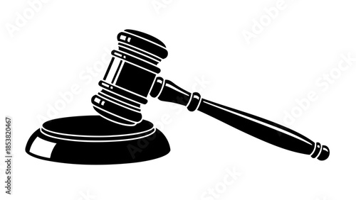 Black and white illustration of a judicial gavel and sound block, symbolizing law and justice