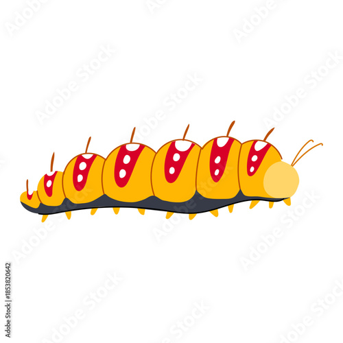Cute cartoon caterpillar larva with segmented yellow body and red patterns, a whimsical insect character design ideal for children's educational content or nature themes on a clean white background