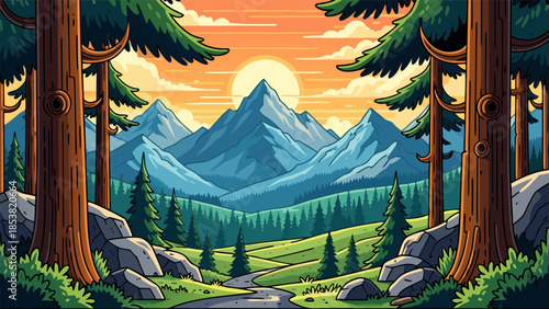 Pixel art serene mountain landscape at sunset with pine trees and flowing river