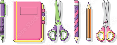 Vector set of school stationery items including a purple pen, pink notebook, two pairs of scissors, and two colorful pencils.