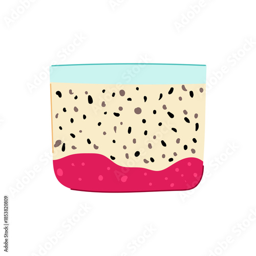 Colorful illustration showing a healthy layered dessert with chia seed pudding and vibrant fruit puree in a glass, representing nutritious food and wellness