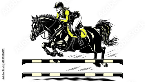 Equestrian athlete jumping horse over obstacle in competition
