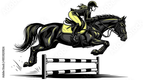 Equestrian action with woman riding black horse over obstacle