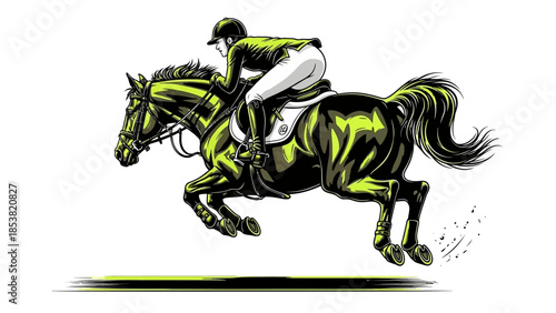 Equestrian action scene with rider jumping horse in green and black