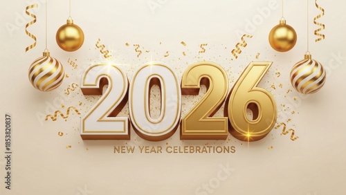 A 3d rendering of the year 2026 in gold and white with hanging christmas ornaments and confetti for new year celebrations.
