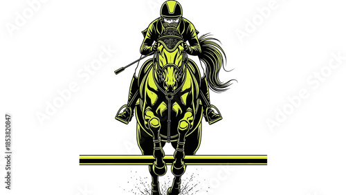 Equestrian athlete jumping horse over obstacle in action