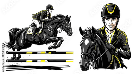 Equestrian duo in action, horse jumping with rider and close-up