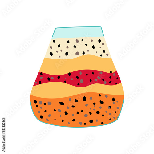 Layered chia seed pudding offering a healthy and delicious breakfast or snack option, featuring a vibrant mix of fruit, seeds, and creamy textures in a stylized illustration