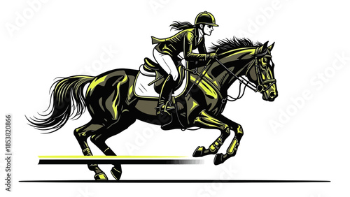 Professional equestrian rider jumping with horse in competition