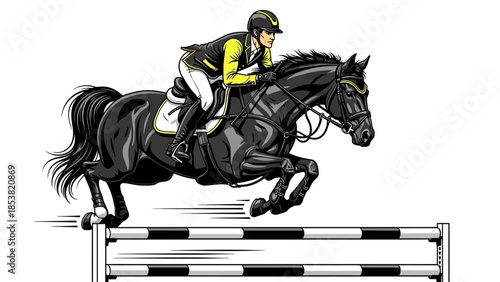 Equestrian athlete riding black horse over obstacle in competition