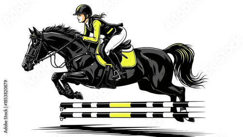 Equestrian action scene with rider jumping horse over obstacle