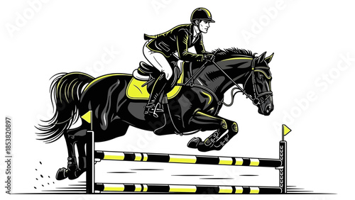 Equestrian athlete riding black horse over obstacle in competition