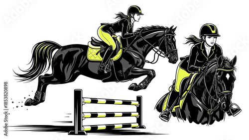 Equestrian action scene with two riders and horses jumping