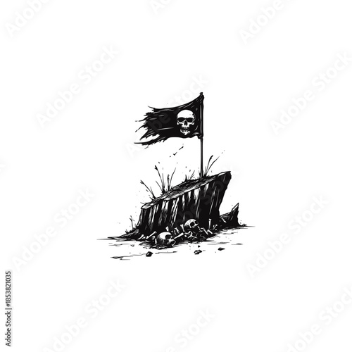 Vintage hand-drawn illustration of a weathered and torn black flag featuring a human skull, planted firmly atop a jagged rocky cliff with scattered bones at its base.