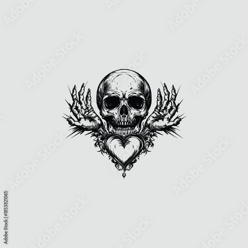Vintage hand-drawn illustration of a human skull positioned above a decorative heart emblem, flanked by two menacing hands with long, sharp claws