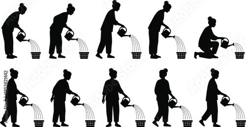 Set of woman silhouettes watering plants, female gardener holding watering can, girl caring for flowers in pots, black vector icons for gardening