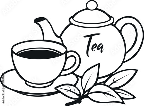 A white ceramic teapot with a matching cup of hot tea on a clean background