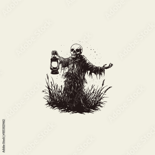 Vintage hand-drawn illustration of a skeleton dressed as a tattered scarecrow, standing in a wheat field and holding a glowing lantern