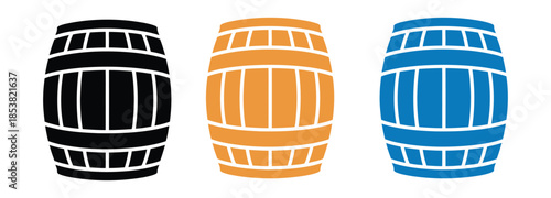 Colorful wooden barrels in black, orange, and blue