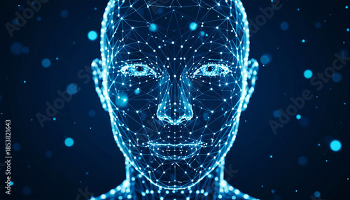 3D illustration of artificial intelligence concept. Polygonal human face made of points and lines.