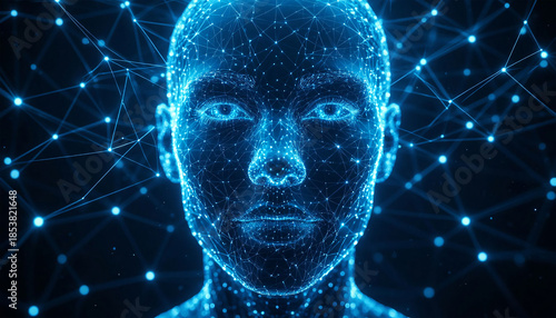 Digital cyborg face with connections. Artificial intelligence concept. 3D Rendering
