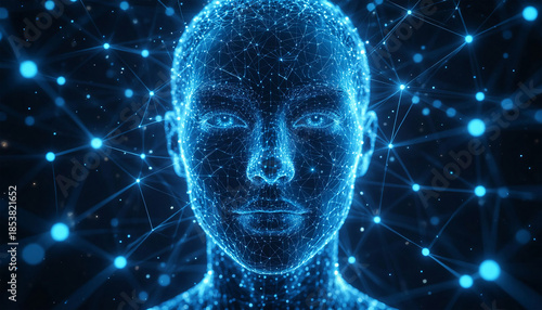 A digital human head created using a network of blue glowing dots with a network connection on a dark background. 3D rendering