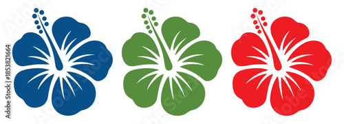Vibrant hibiscus flowers in blue, green and red for tropical designs
