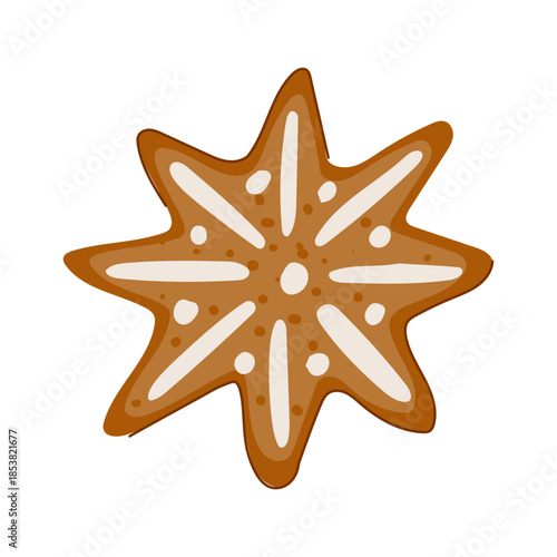 Star shaped gingerbread cookie featuring festive white icing, symbolizing holiday baking, winter celebrations, and traditional christmas treats on a clean background