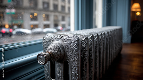 Decorative cast iron radiator by window in cozy interior, soft daylight, rainy urban city view outside.
