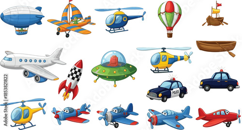 Vector set of various transport vehicles including airplanes, helicopters, hot air balloons, police cars, rockets, blimps, boats, and a UFO.