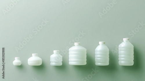 Group of plain, unbranded water bottles of varying sizes, neatly arranged in a row. The objects are isolated on a forest green background. Potential for reusing or recycling. Copy space for your text.
