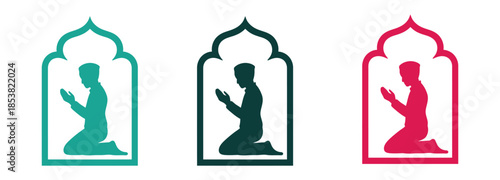 Praying man silhouettes in colorful Islamic arch frames for Ramadan