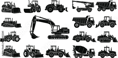 Collection of heavy construction machinery silhouettes including excavators bulldozers cranes dump trucks and cement mixers isolated on white background for industry