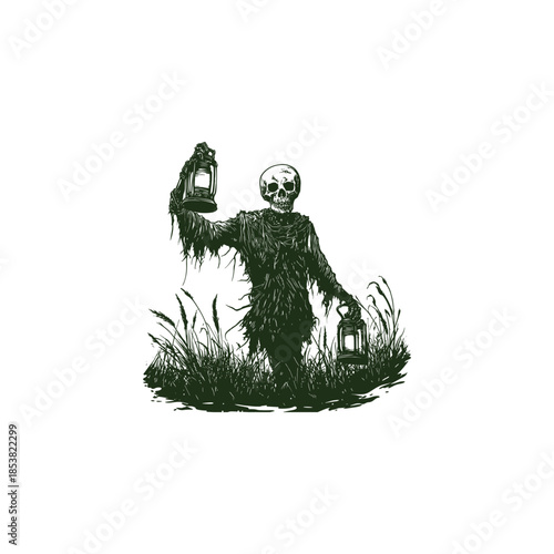 Vintage hand-drawn illustration of a skeleton dressed as a tattered scarecrow, standing in a wheat field and holding a glowing lantern