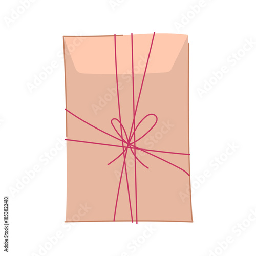 Closed envelope shaped package bundle tied with a detailed red bow string, representing concepts of delivery, shipping, gift, secret, and secure message
