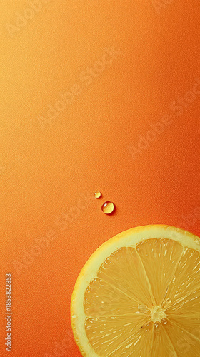 Ring of cut lemon with tiny water beads clinging to its surface, evoking natural hydration sources. The fruit is isolated on a bright, solid citrus orange background. Copy space for text. Vegan diet.