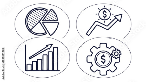 Minimal business icon set – finance, growth, analytics, startup, clean outline style, consistent stroke, SVG, transparent background