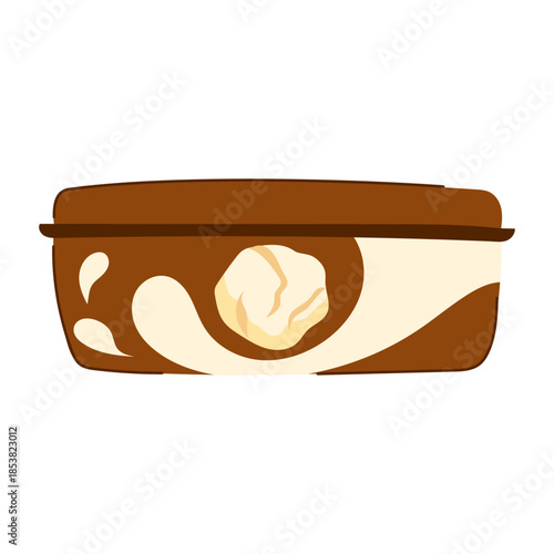 Cartoon illustration depicting a brown plastic container for frozen dessert, featuring a creamy swirl design and a dollop of ice cream, representing deliciousness and sweet indulgence