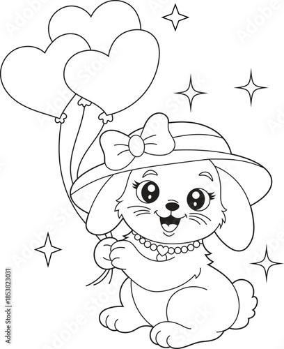 Cute bunny rabbit wearing a sun hat and pearl necklace, holding heart-shaped balloons. Coloring book page with simple bold outlines, vector illustration for children's activities. Stress relief 