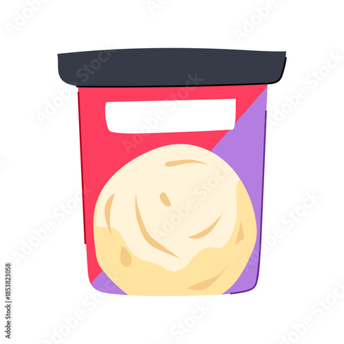 Vanilla ice cream tub on white background, creamy frozen dessert in simple carton packaging ideal for summer snack, product branding and grocery or retail merchandising visuals