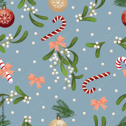 Christmas seamless pattern with mistletoe, Christmas tree decorations and bows with candies, vector illustration.