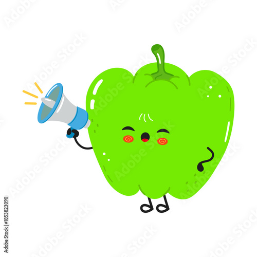 Cute green bell pepper character making announcement using megaphone