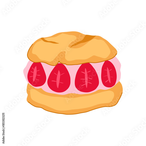 Cream puff pastry filled with pink strawberry cream and fresh sliced strawberries, colorful watercolor style illustration ideal for bakery, dessert, menu or cafe design, isolated on white