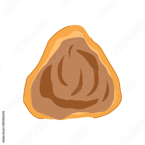 Cream puff - choux a la creme - with sweet brown cream filling, cut to show interior delicious bakery pastry illustration on white background, isolated studio shot