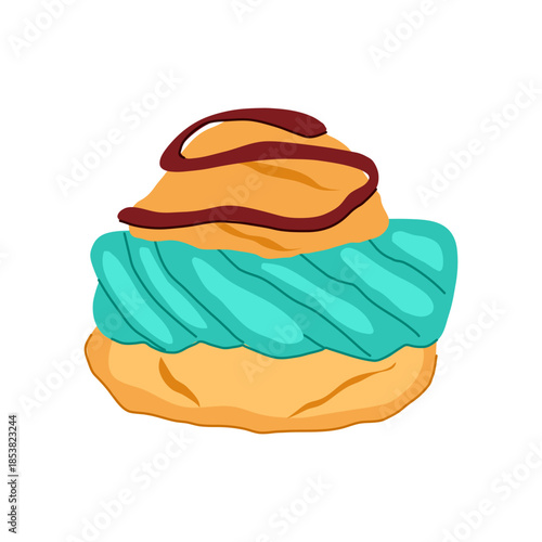 Cream puff pastry with turquoise colored frosting and a decorative chocolate drizzle, providing a sweet dessert or snack concept for menus, bakeries, and culinary design