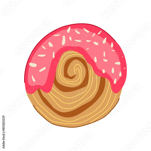 Round cromboloni cake presenting a layered pastry texture topped with vibrant pink glaze and contrasting white sprinkles, symbolizing sweet indulgence and bakery treats