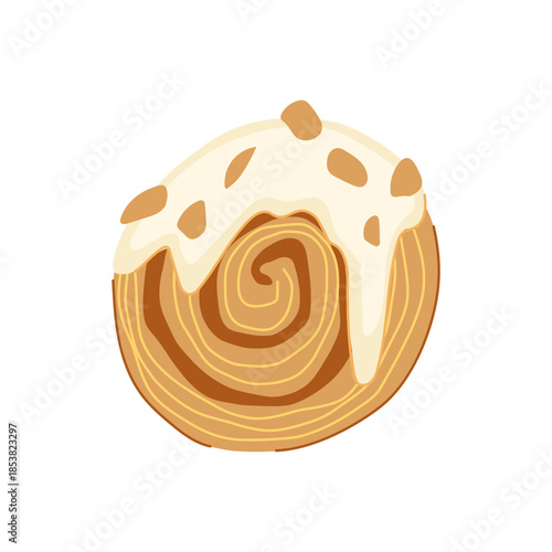 Cromboloni cake illustration featuring a swirled golden pastry topped with rich cream cheese frosting and crunchy nut pieces, representing a sweet and delicious bakery treat